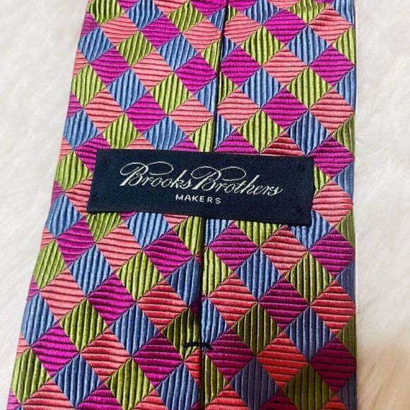 BROOKS BROTHERS Mens Tie 100% Silk Necktie Checkered Multicolor Preppy - Picture 5 of 6